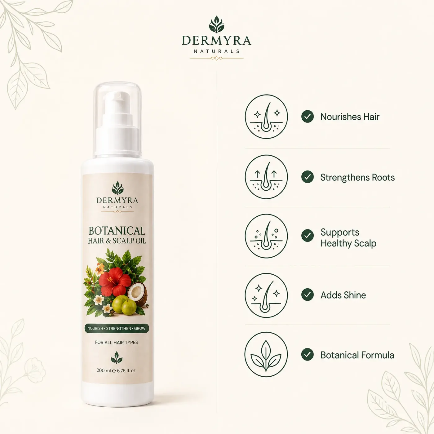 Dermyra Botanical Hair and Scalp Oil benefits: nourishes hair, strengthens roots, supports a healthy scalp, adds shine, botanical formula