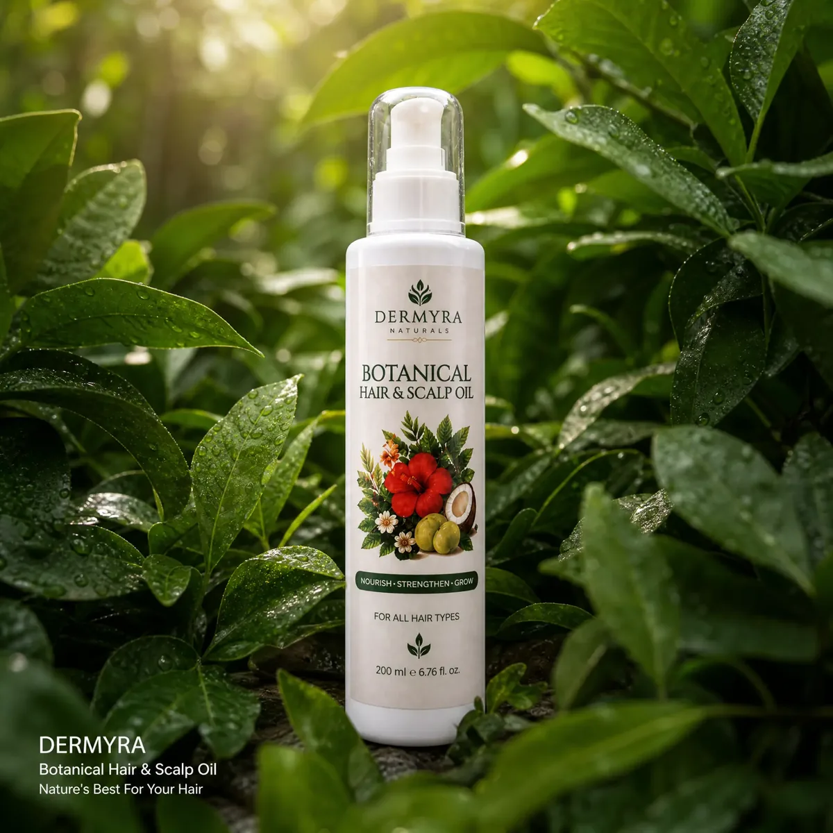 Dermyra Naturals Botanical Hair and Scalp Oil bottle resting among fresh green leaves