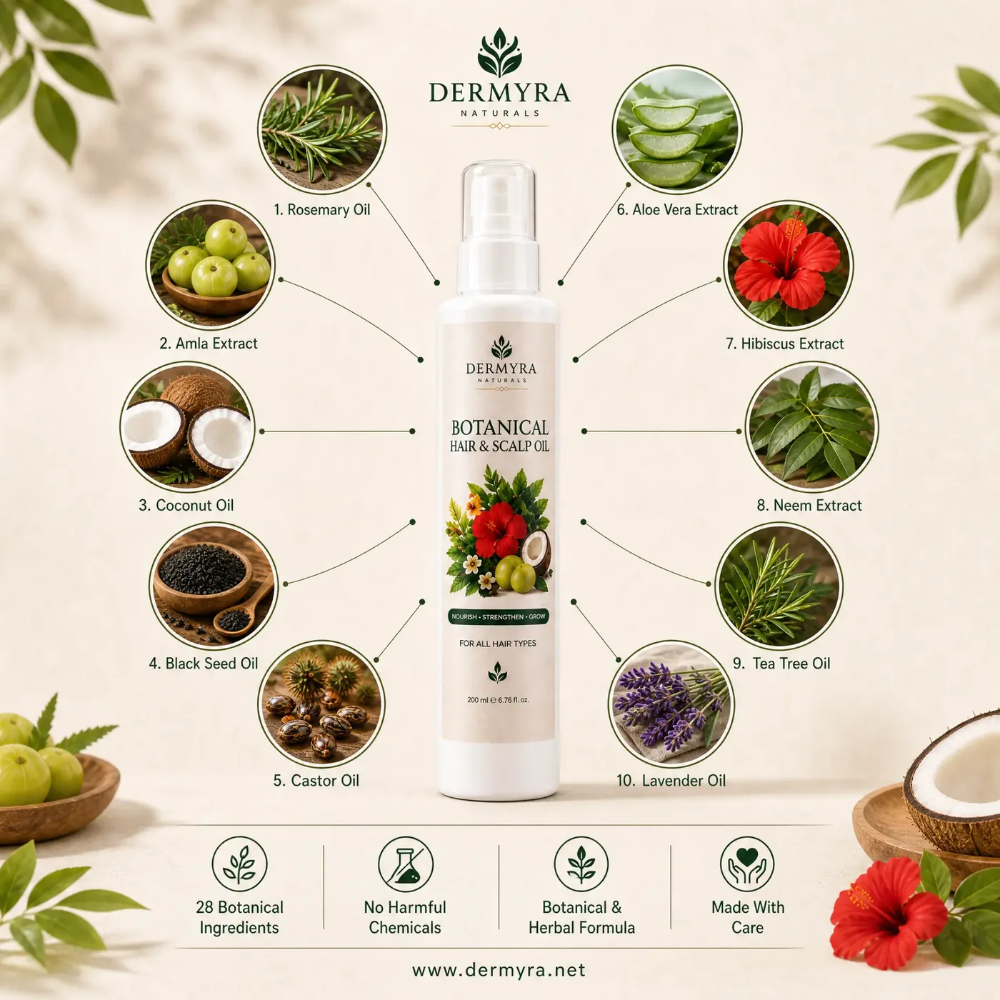 Dermyra Botanical Hair and Scalp Oil key ingredients: rosemary, amla, coconut, black seed, castor, aloe vera, hibiscus, neem, tea tree and lavender
