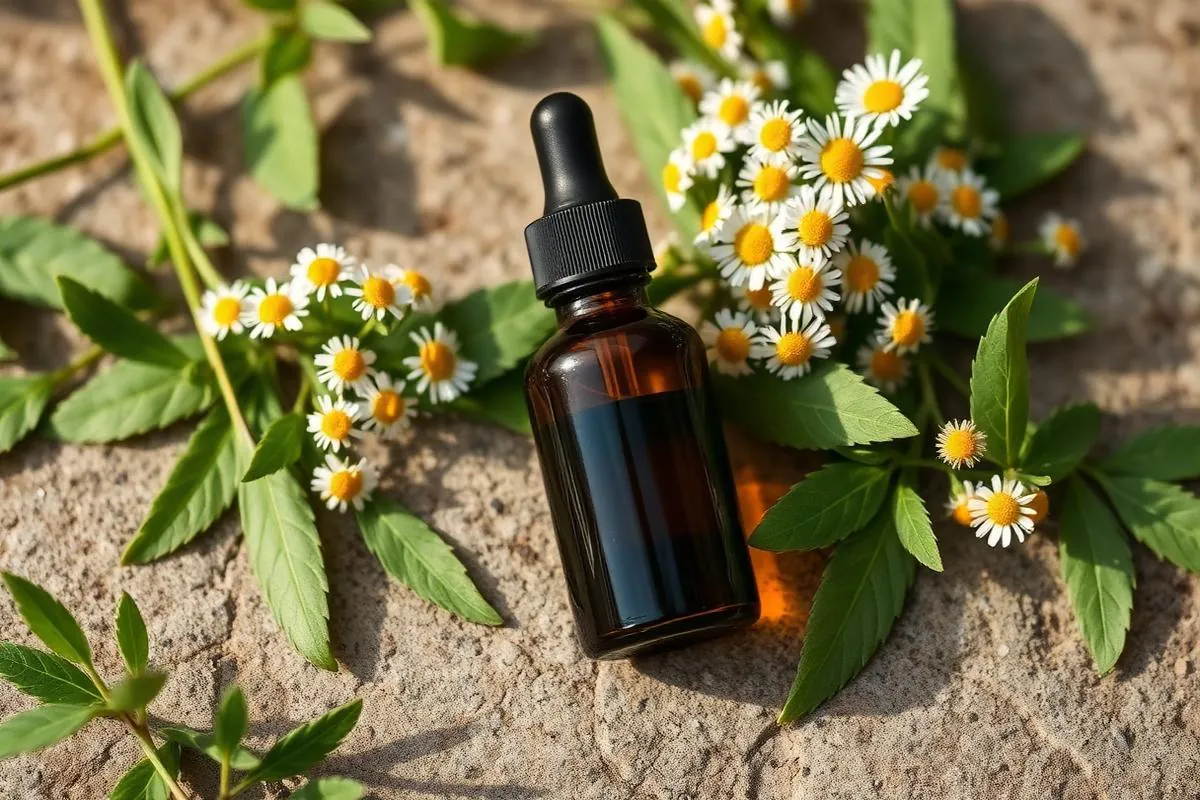 Amber glass bottle of cold-pressed bhringraj hair oil beside fresh bhringraj (false daisy) leaves and flowers