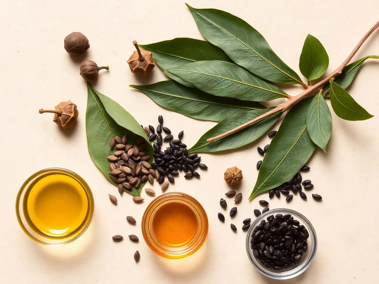 Amber bottle of botanical hair oil beside amla, bhringraj leaves and rosemary sprigs on a warm neutral surface