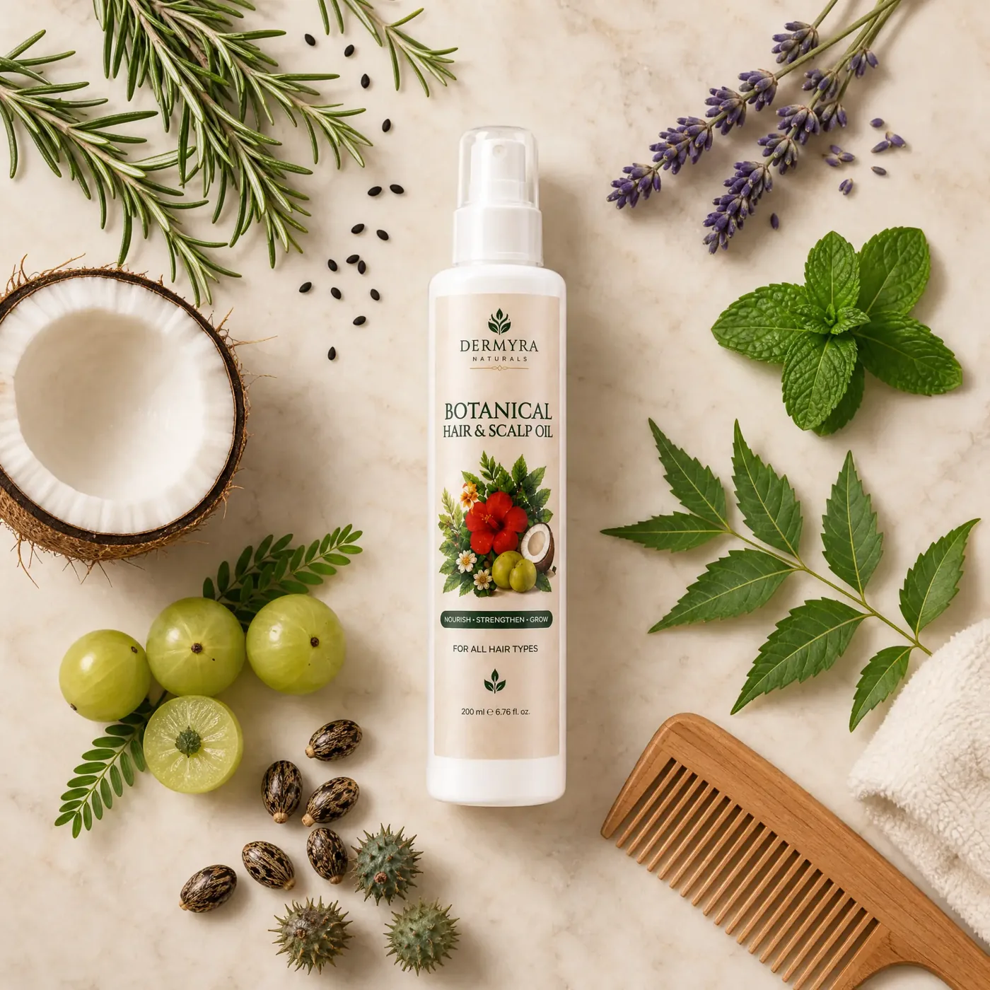Dermyra Naturals Botanical Hair and Scalp Oil bottle with rosemary, amla, coconut, neem and lavender botanicals